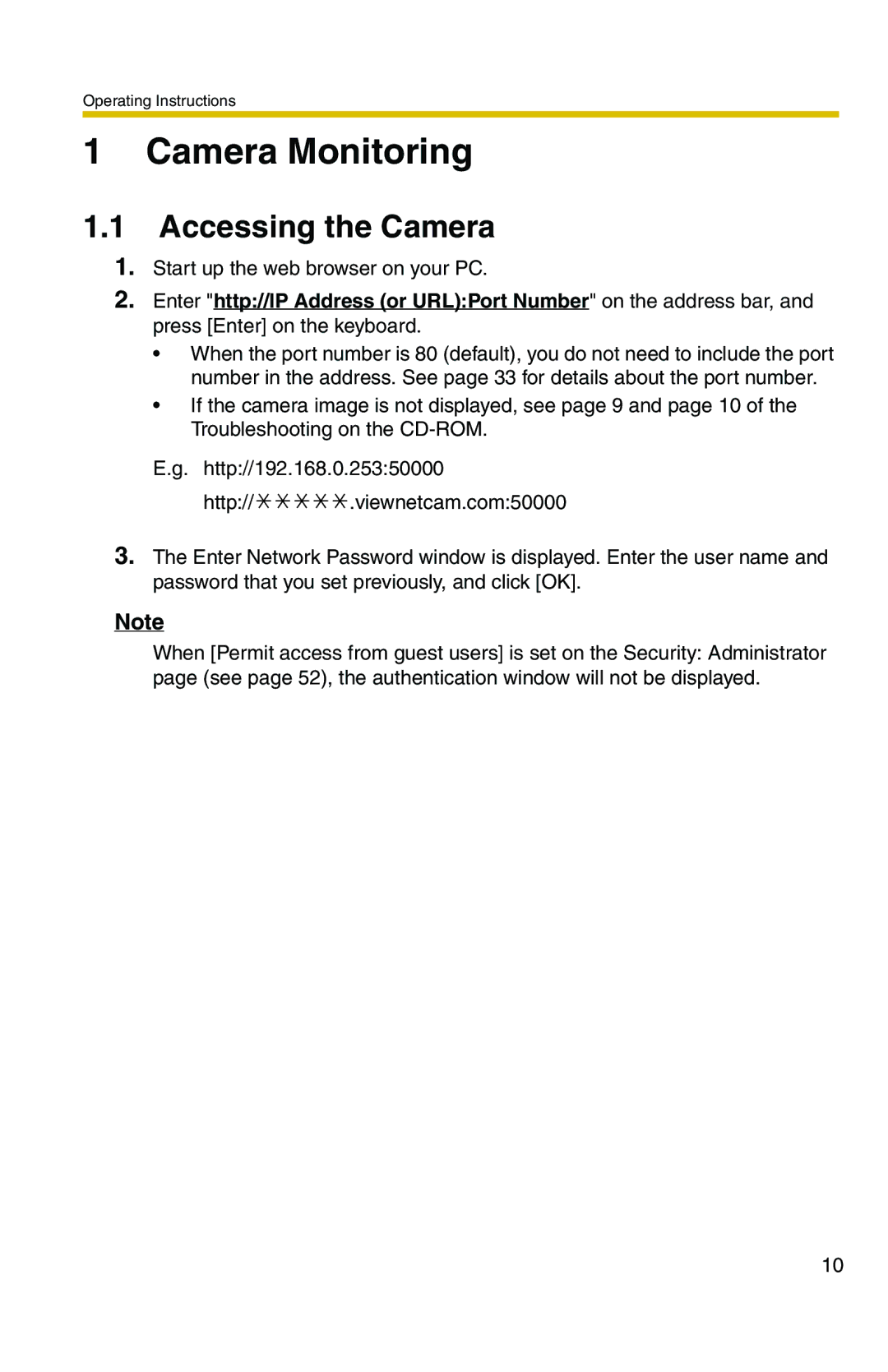 Panasonic BL-C1A, BL-C20A operating instructions Camera Monitoring, Accessing the Camera 