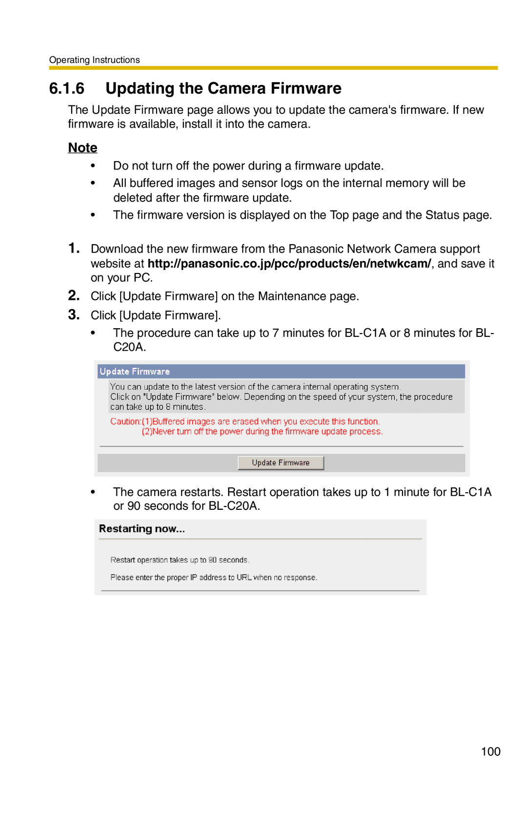 Panasonic BL-C1A, BL-C20A operating instructions Updating the Camera Firmware 