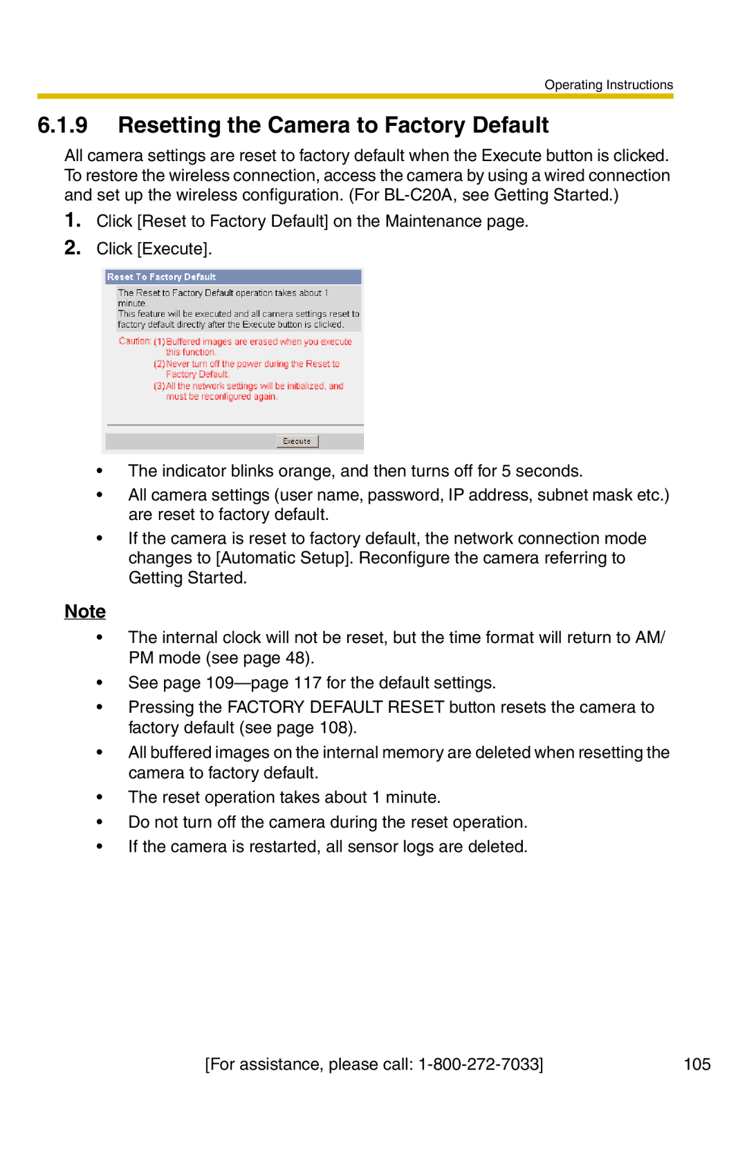 Panasonic BL-C20A, BL-C1A operating instructions Resetting the Camera to Factory Default 