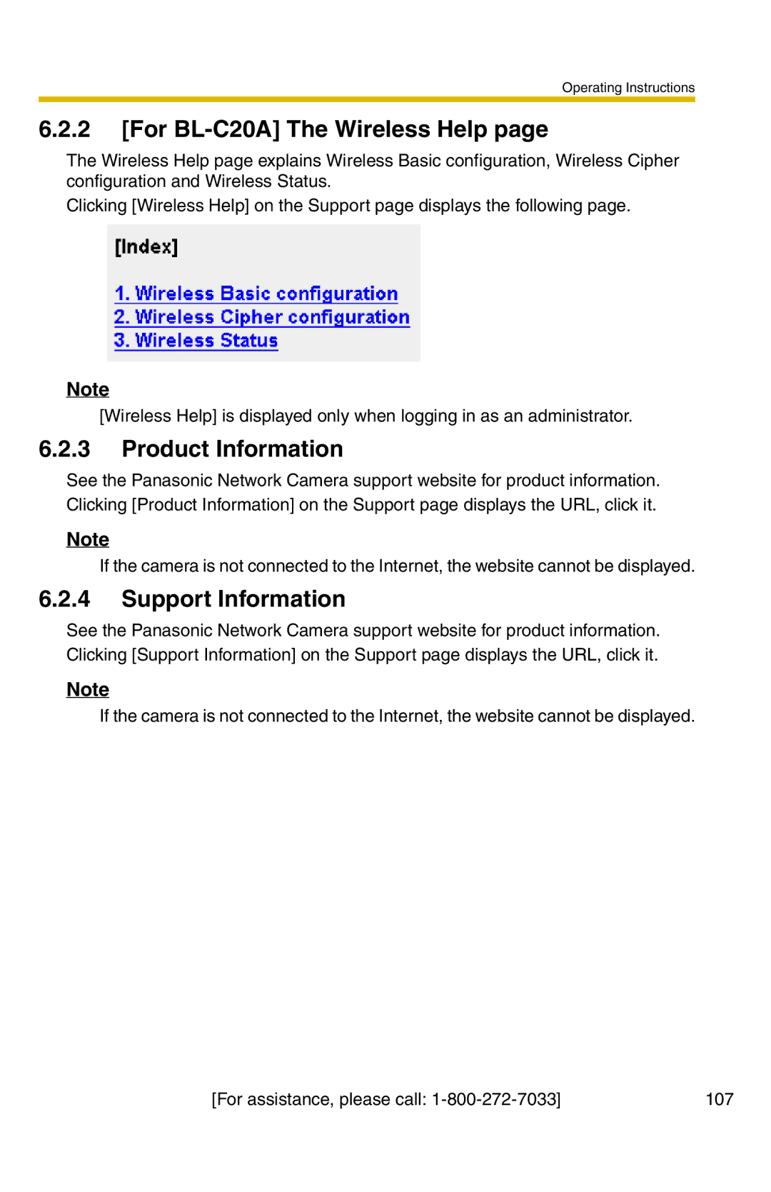 Panasonic BL-C1A operating instructions For BL-C20A The Wireless Help, Product Information, Support Information 