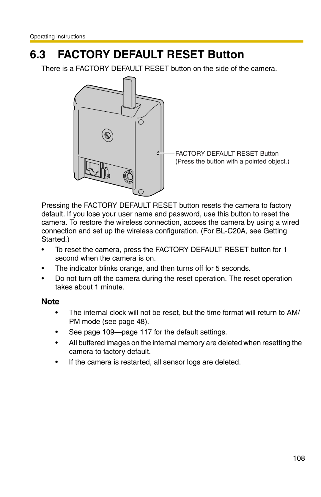 Panasonic BL-C1A, BL-C20A operating instructions Factory Default Reset Button 