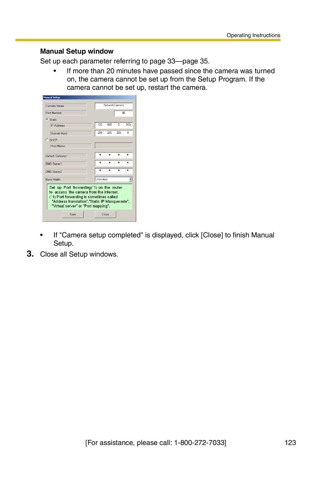 Panasonic BL-C20A, BL-C1A operating instructions Manual Setup window 