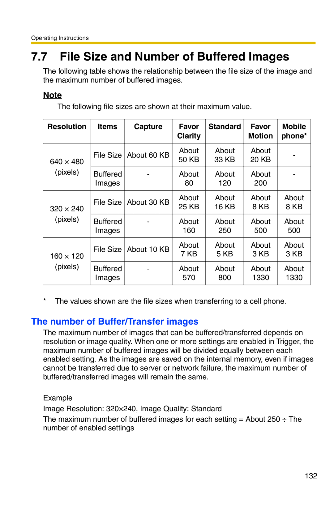 Panasonic BL-C1A, BL-C20A operating instructions File Size and Number of Buffered Images, Number of Buffer/Transfer images 