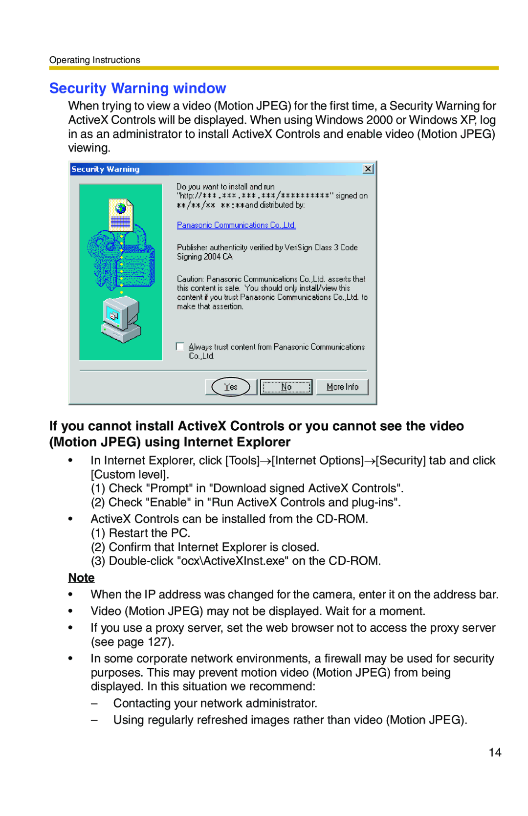 Panasonic BL-C1A, BL-C20A operating instructions Security Warning window 