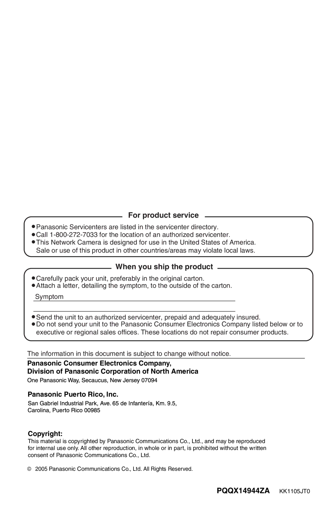 Panasonic BL-C20A, BL-C1A operating instructions For product service, When you ship the product, PQQX14944ZA KK1105JT0 