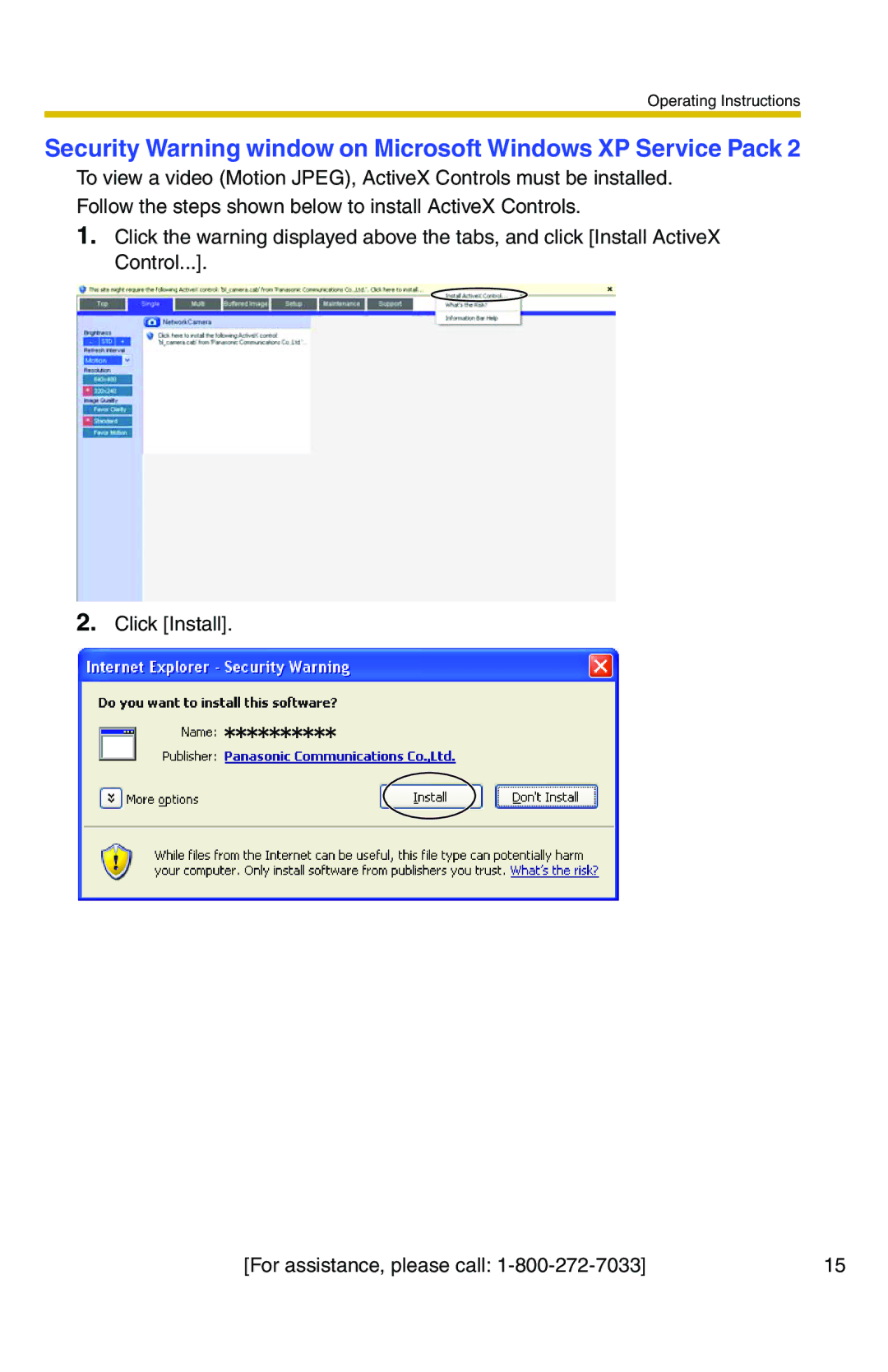 Panasonic BL-C20A, BL-C1A operating instructions Security Warning window on Microsoft Windows XP Service Pack 