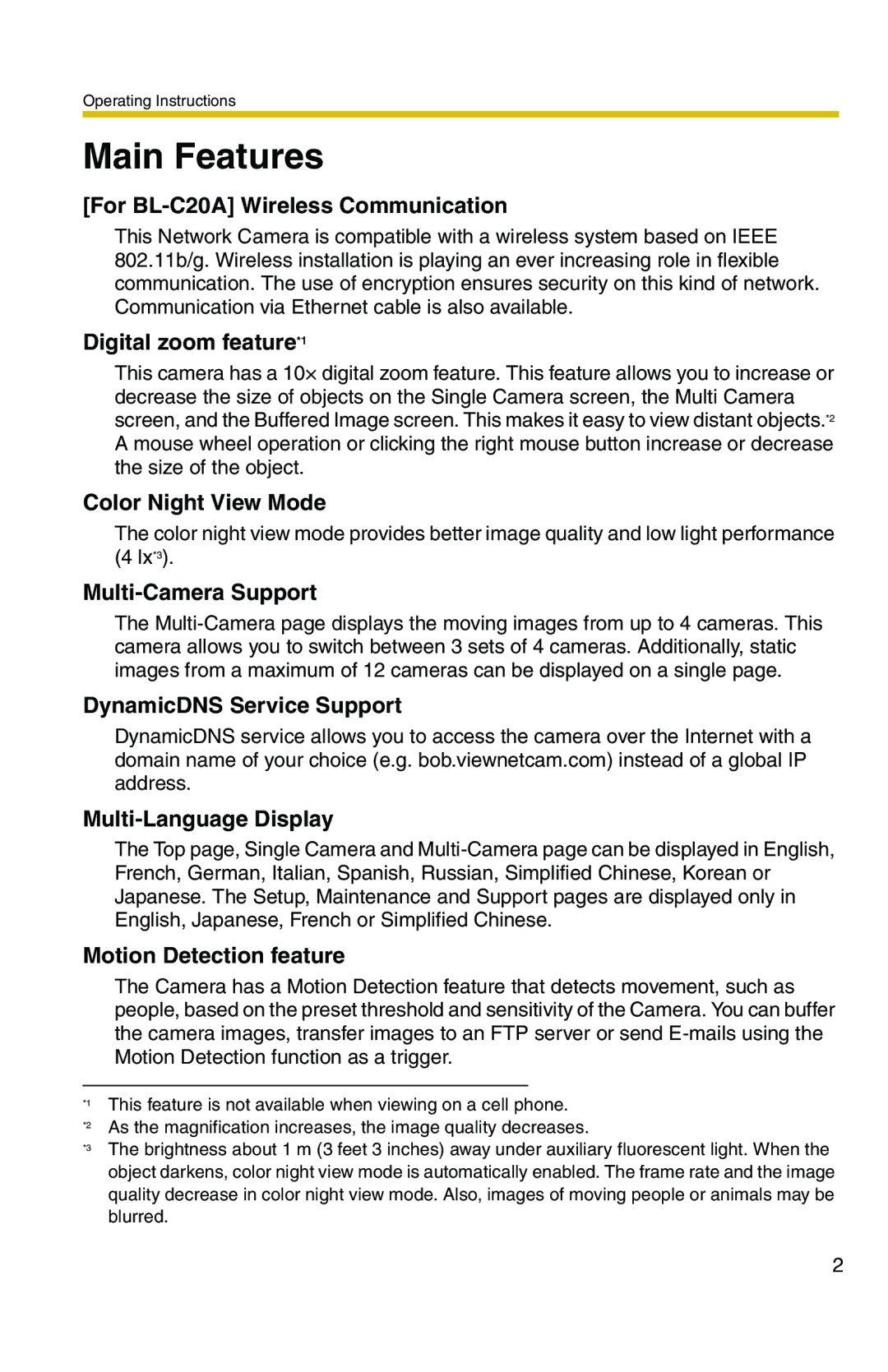 Panasonic BL-C1A operating instructions Main Features, For BL-C20A Wireless Communication 