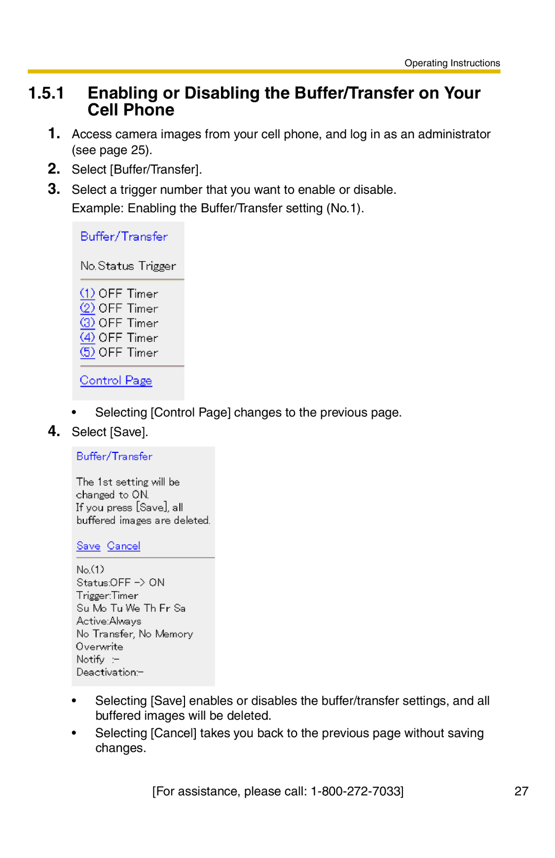 Panasonic BL-C20A, BL-C1A operating instructions Enabling or Disabling the Buffer/Transfer on Your Cell Phone 