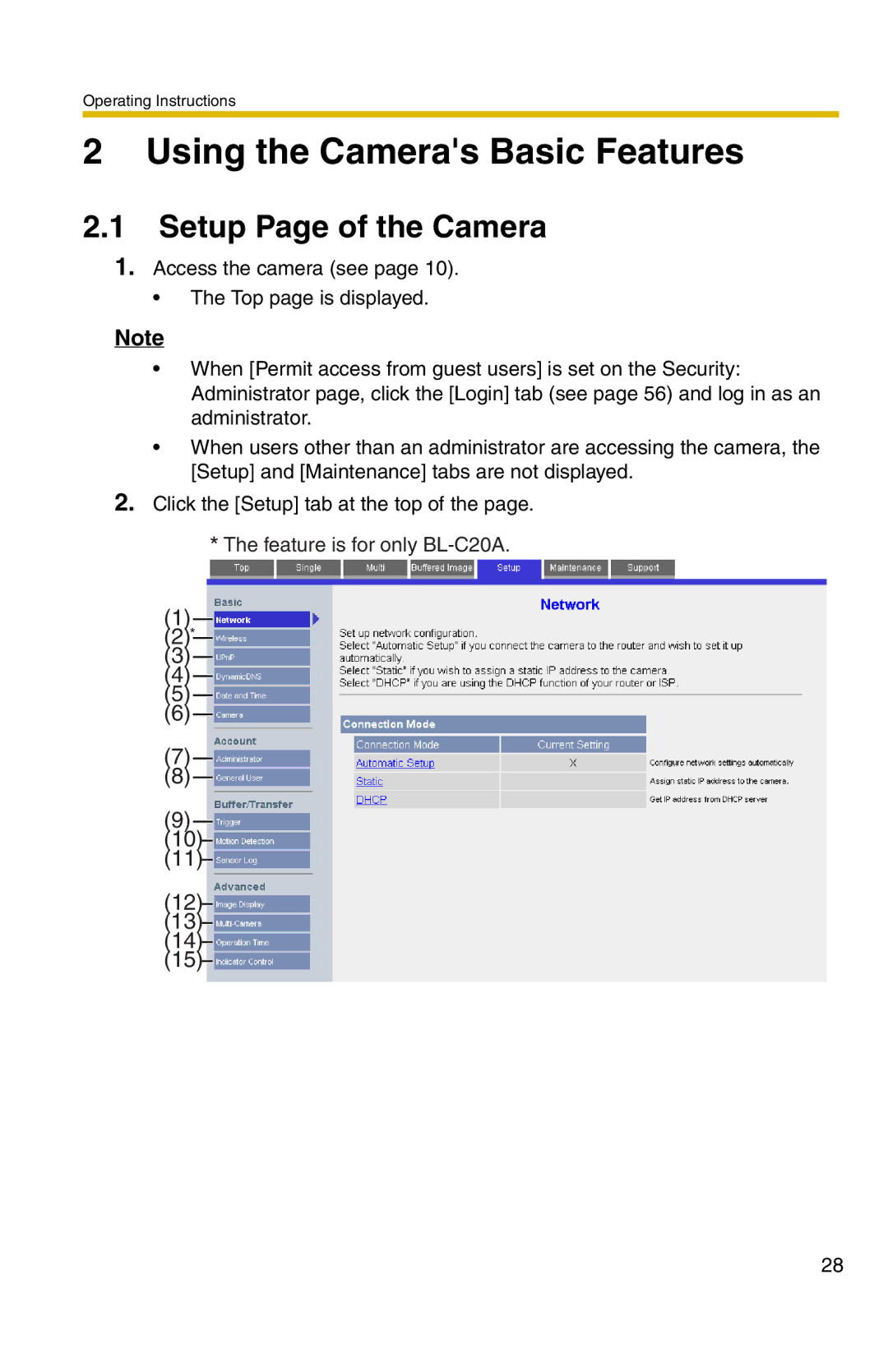 Panasonic BL-C1A, BL-C20A operating instructions Using the Cameras Basic Features, Setup Page of the Camera 