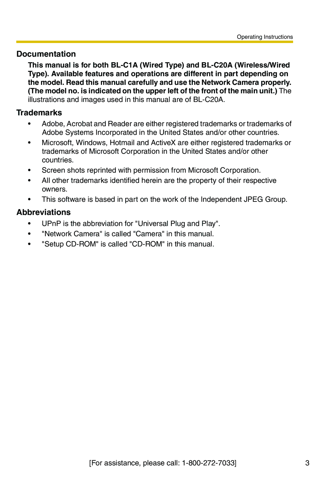 Panasonic BL-C20A, BL-C1A operating instructions Documentation 