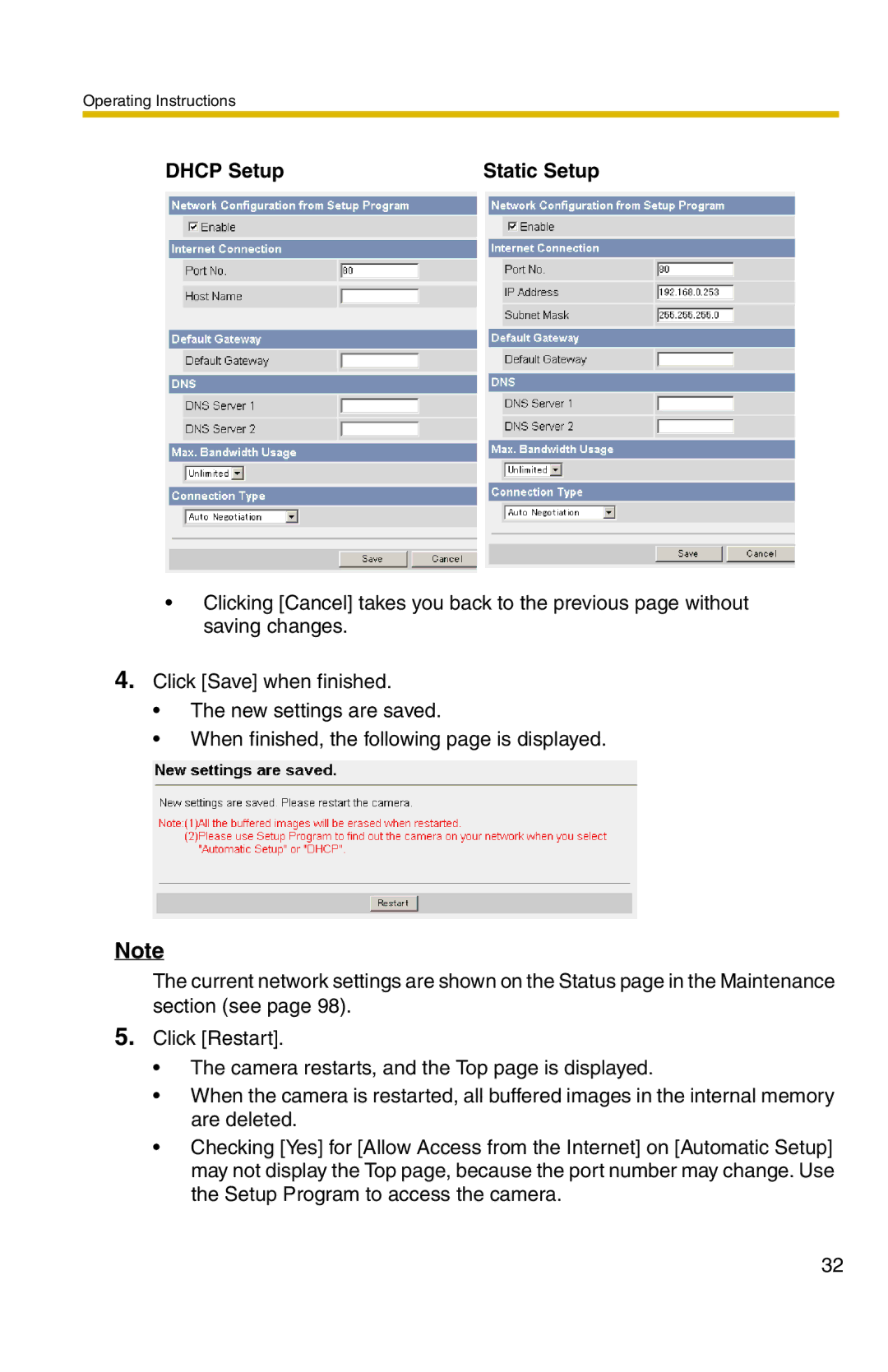 Panasonic BL-C1A, BL-C20A operating instructions Dhcp Setup Static Setup 