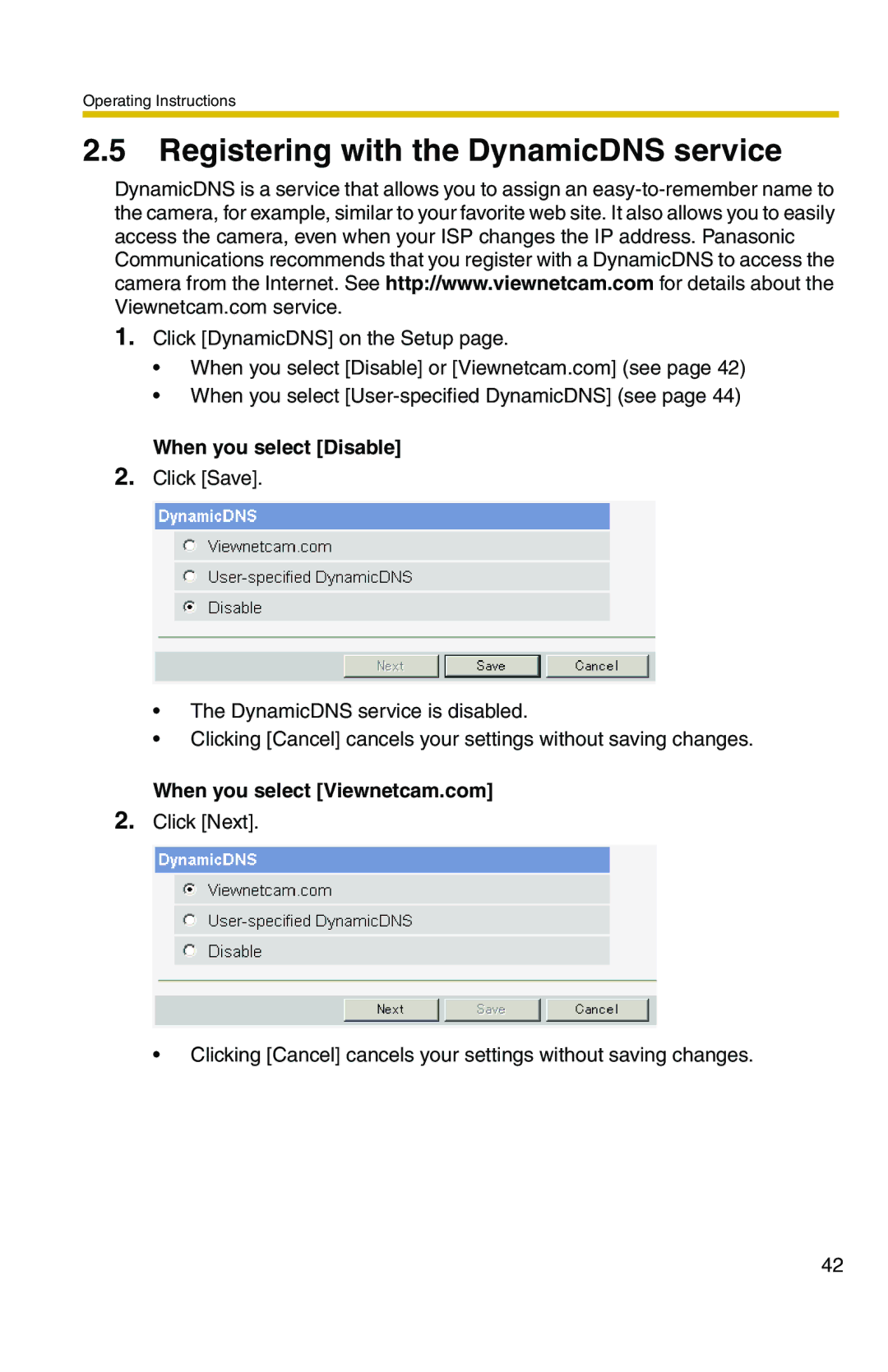 Panasonic BL-C1A, BL-C20A Registering with the DynamicDNS service, When you select Disable, When you select Viewnetcam.com 