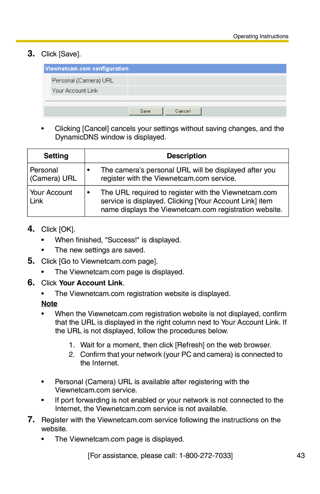 Panasonic BL-C20A, BL-C1A operating instructions Setting Description, Click Your Account Link 