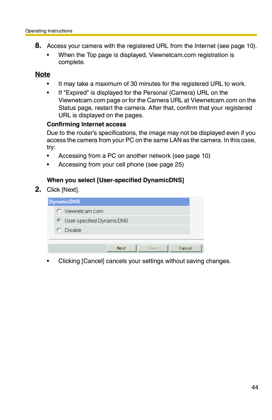 Panasonic BL-C1A, BL-C20A operating instructions Confirming Internet access, When you select User-specified DynamicDNS 