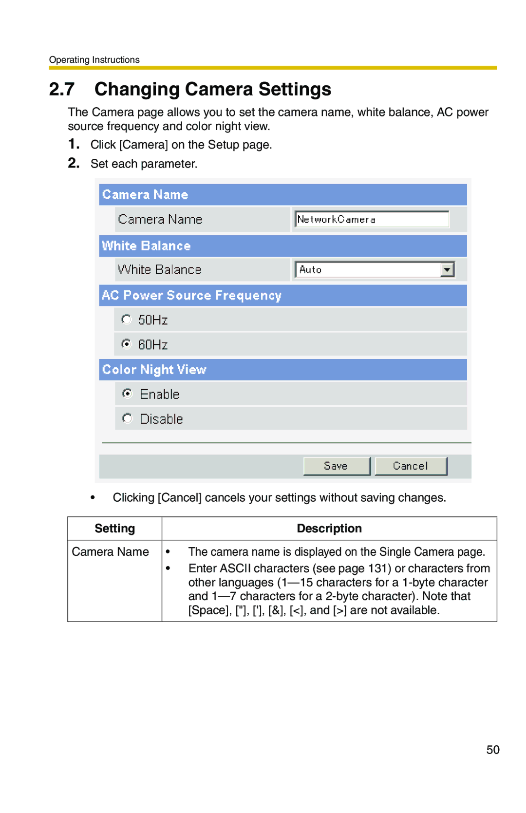 Panasonic BL-C1A, BL-C20A operating instructions Changing Camera Settings 