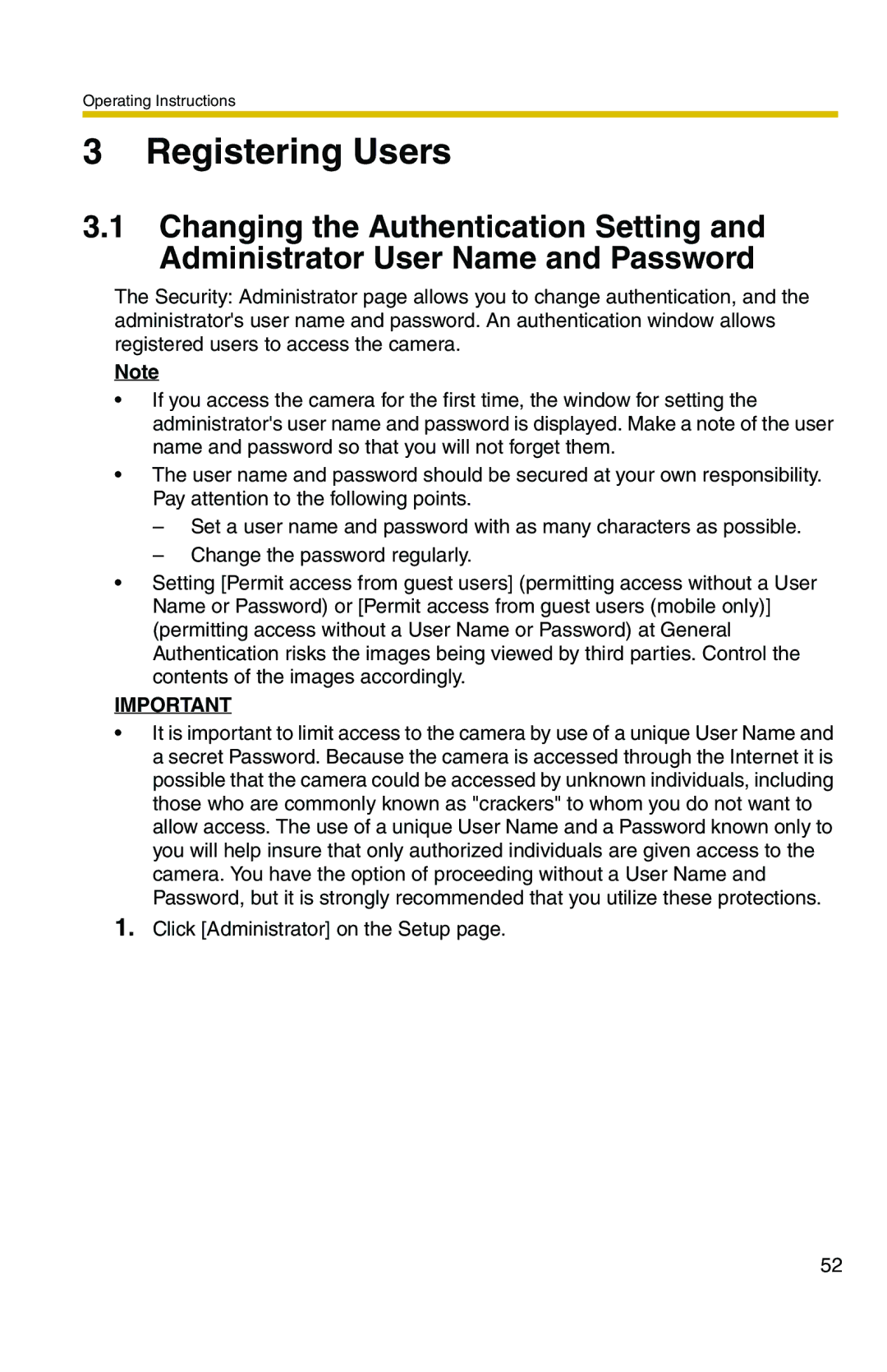 Panasonic BL-C1A, BL-C20A operating instructions Registering Users 