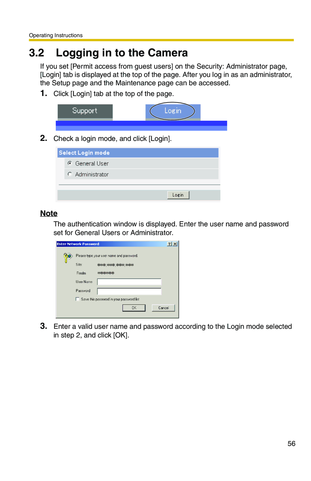 Panasonic BL-C1A, BL-C20A operating instructions Logging in to the Camera 