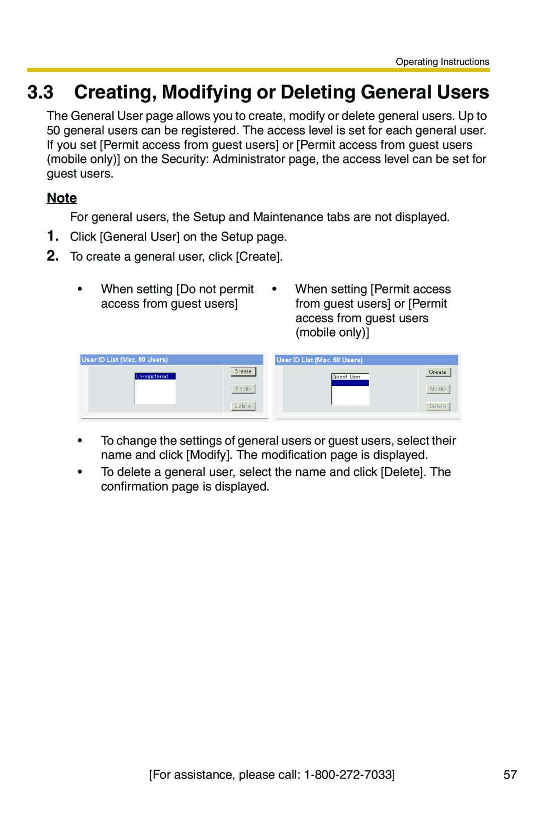 Panasonic BL-C20A, BL-C1A operating instructions Creating, Modifying or Deleting General Users, Mobile only 