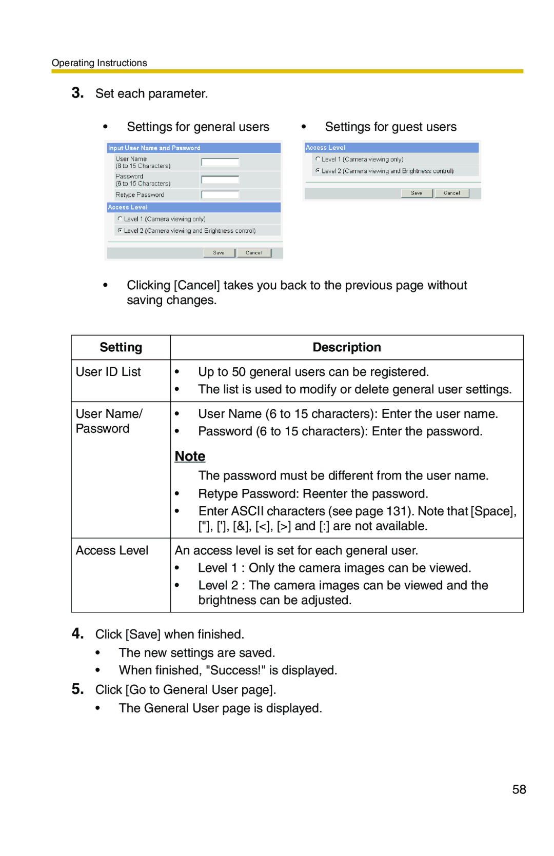 Panasonic BL-C1A, BL-C20A operating instructions Set each parameter Settings for general users 