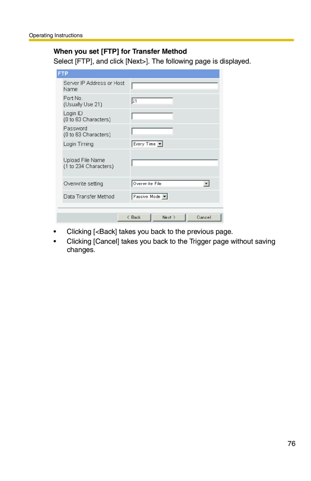 Panasonic BL-C1A, BL-C20A operating instructions When you set FTP for Transfer Method 