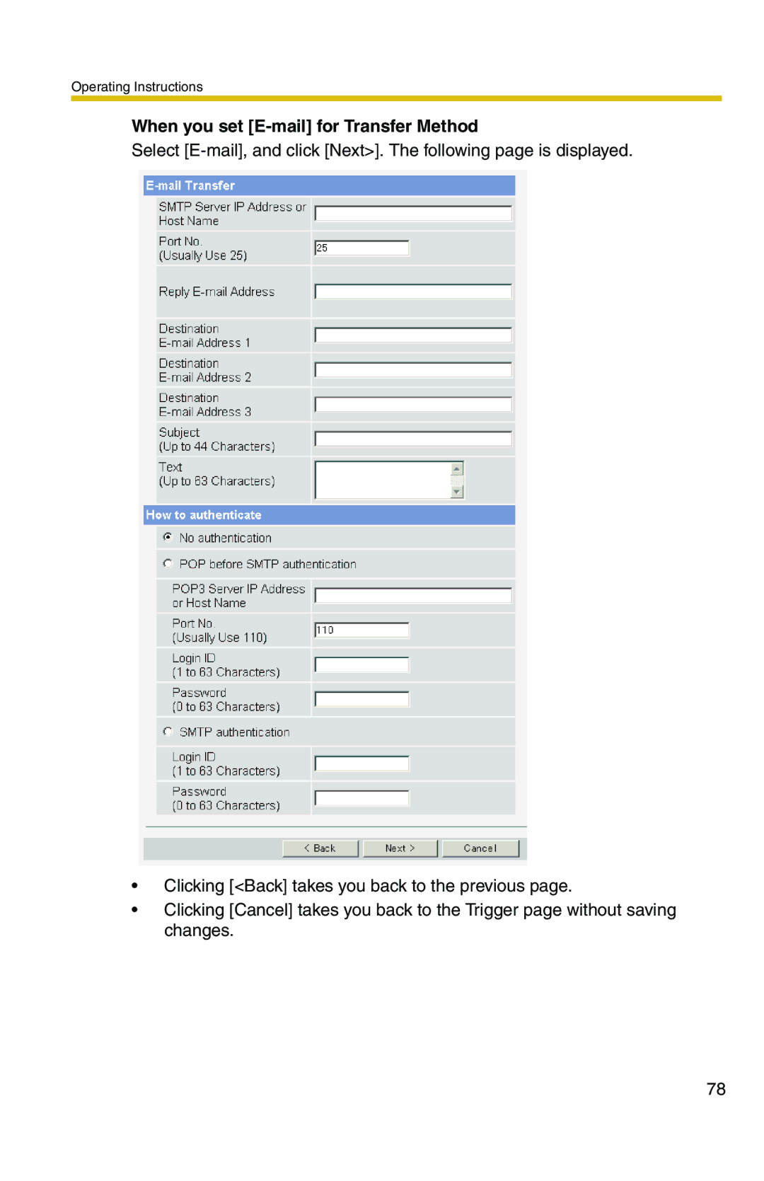 Panasonic BL-C1A, BL-C20A operating instructions When you set E-mail for Transfer Method 