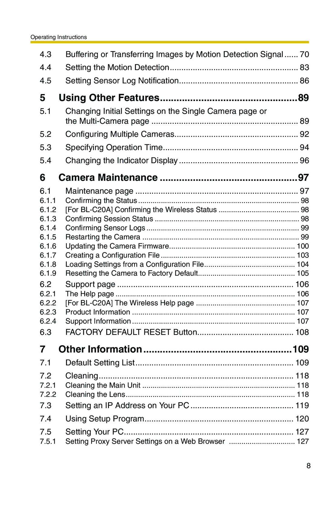 Panasonic BL-C1A, BL-C20A operating instructions Using Other Features, Camera Maintenance, Other Information 109 