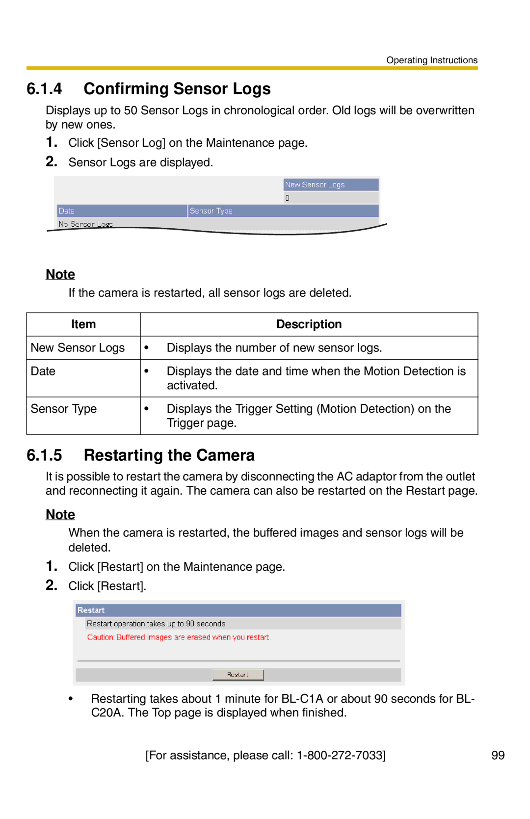 Panasonic BL-C20A, BL-C1A operating instructions Confirming Sensor Logs, Restarting the Camera 