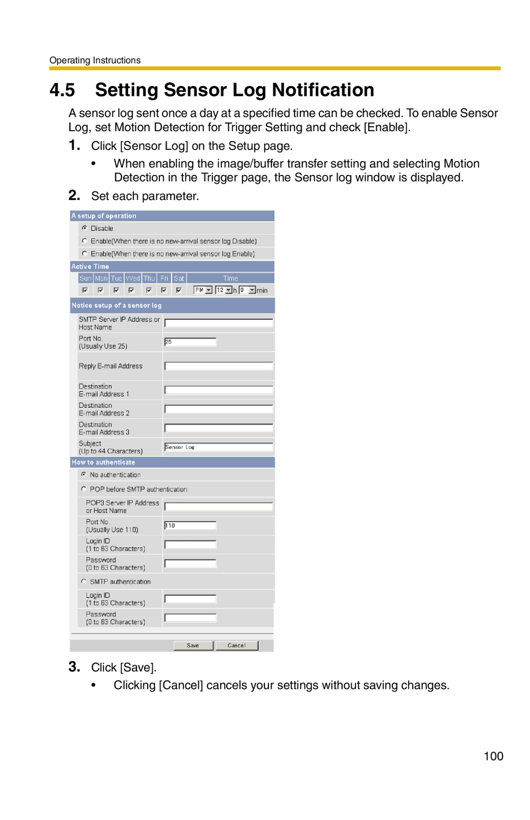 Panasonic BL-C20 operating instructions Setting Sensor Log Notification 