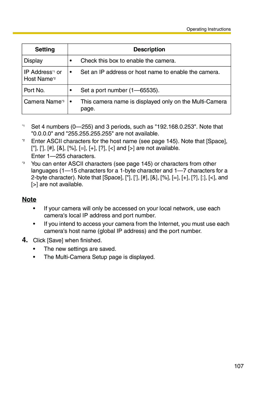 Panasonic BL-C20 operating instructions Setting Description 