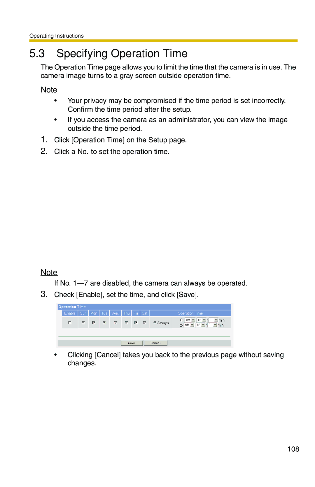 Panasonic BL-C20 operating instructions Specifying Operation Time 