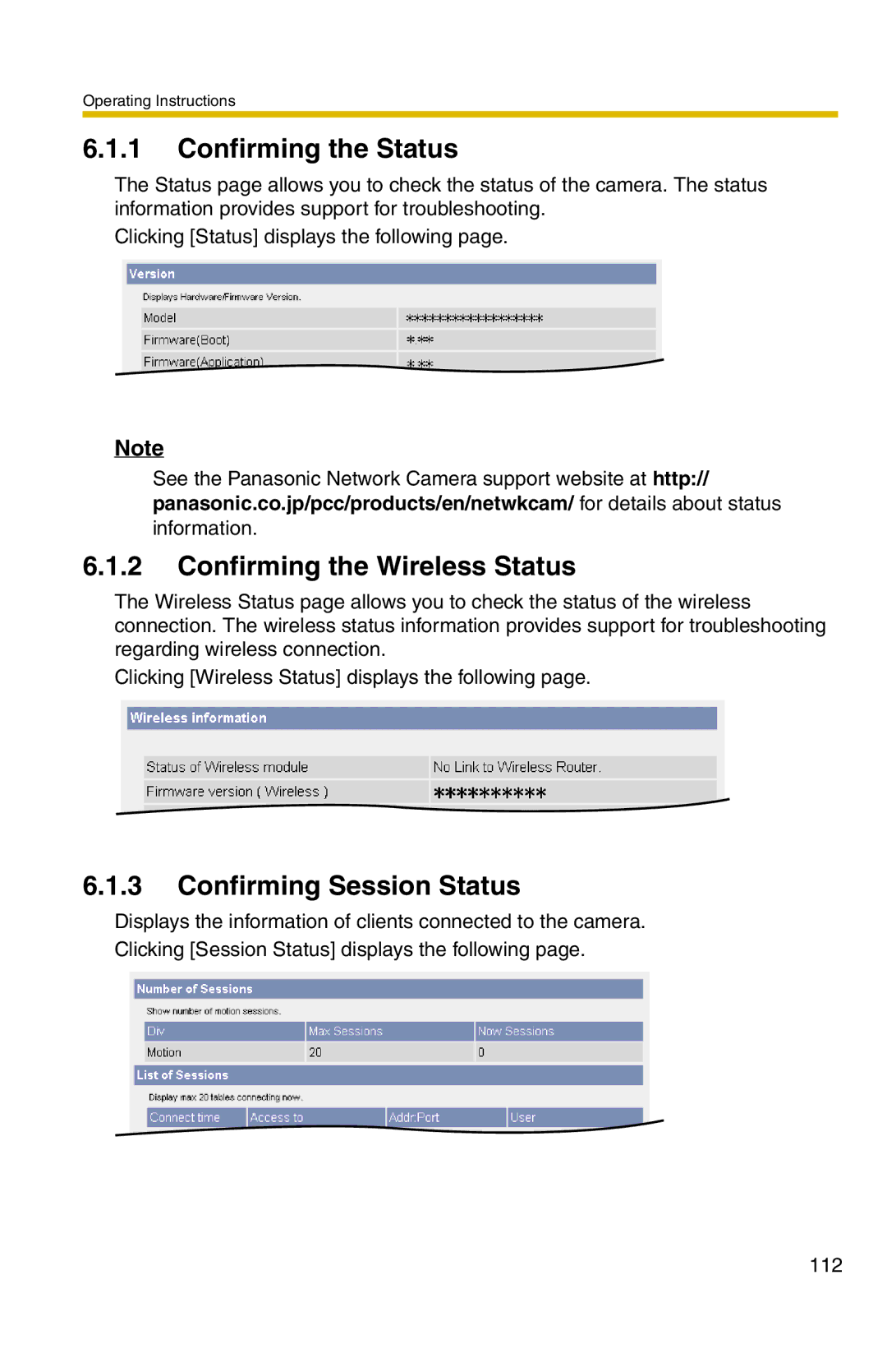 Panasonic BL-C20 operating instructions Confirming the Status, Confirming the Wireless Status, Confirming Session Status 