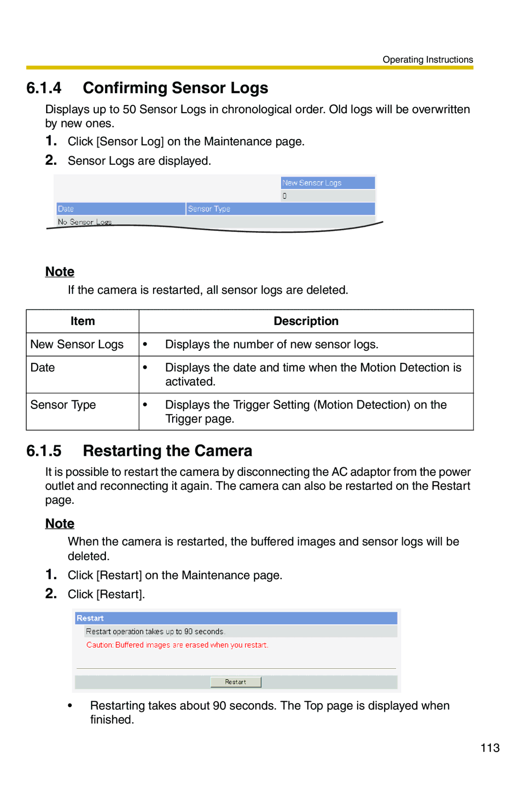 Panasonic BL-C20 operating instructions Confirming Sensor Logs, Restarting the Camera 