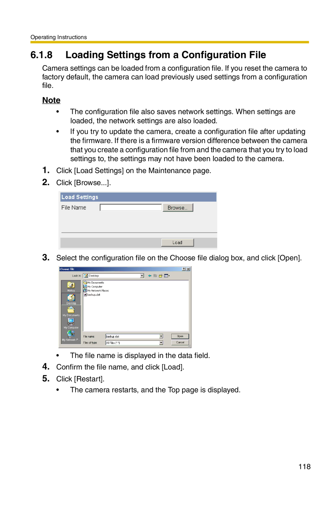 Panasonic BL-C20 operating instructions Loading Settings from a Configuration File 