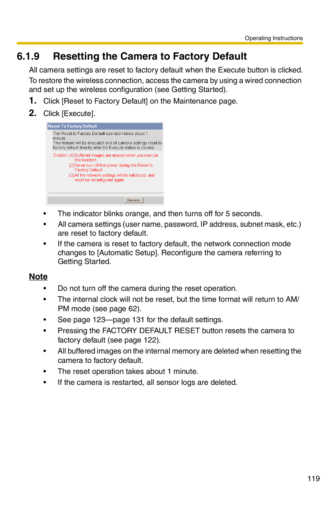 Panasonic BL-C20 operating instructions Resetting the Camera to Factory Default 