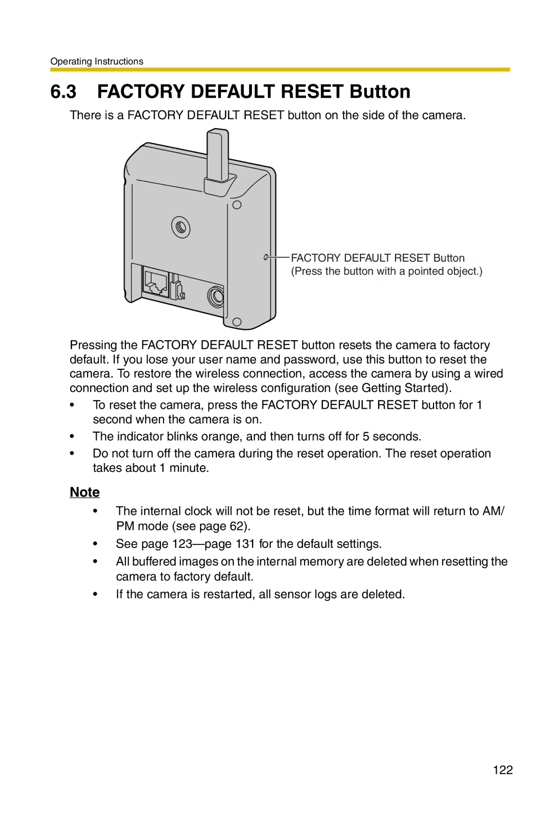 Panasonic BL-C20 operating instructions Factory Default Reset Button 