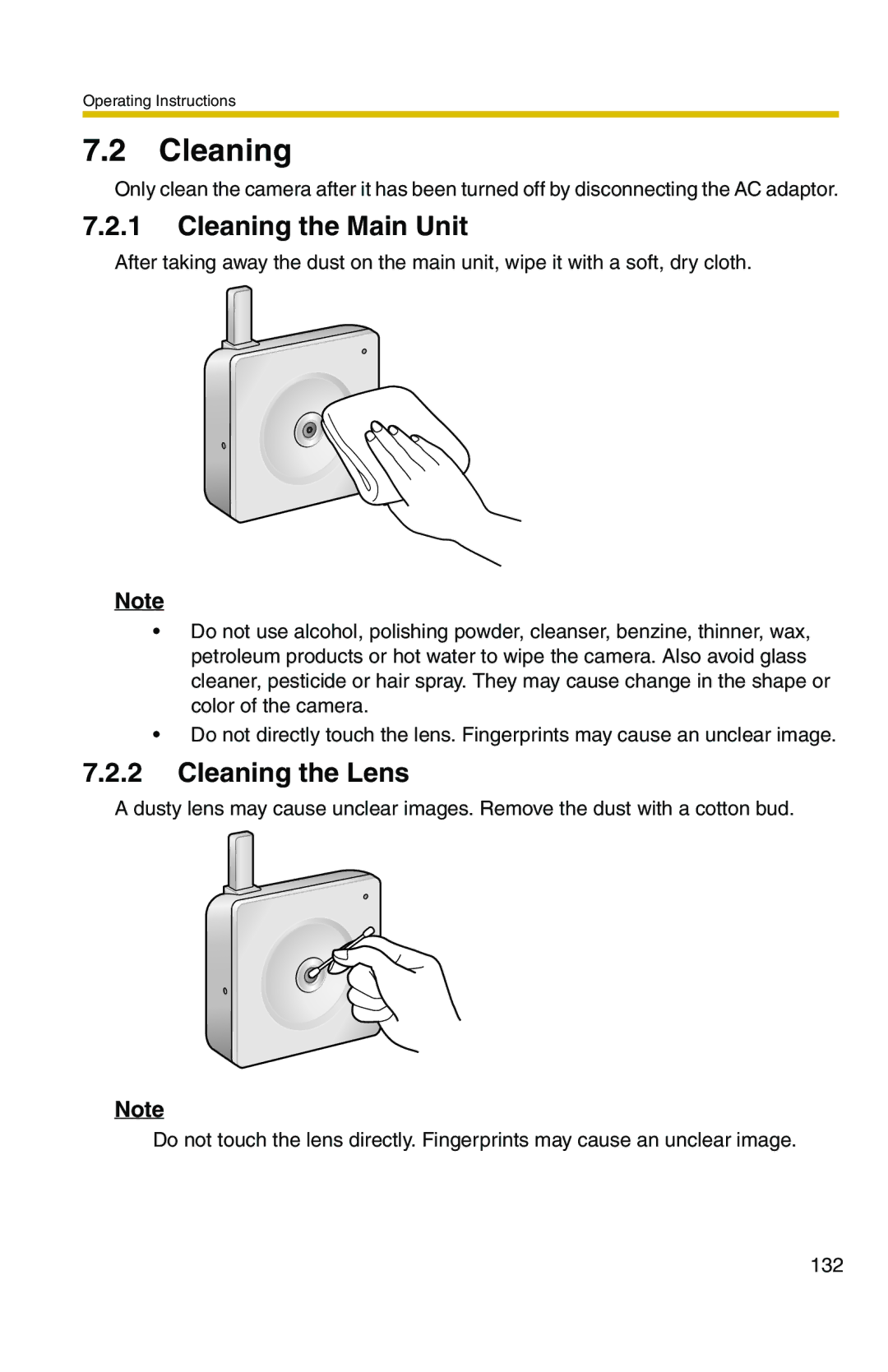 Panasonic BL-C20 operating instructions Cleaning the Main Unit, Cleaning the Lens 