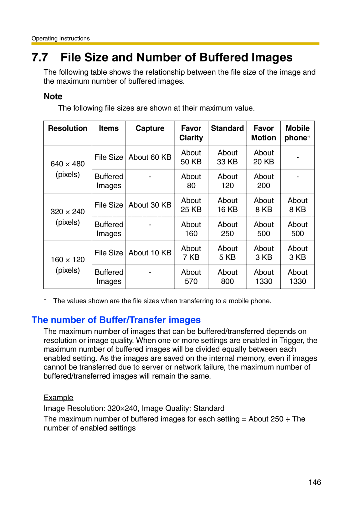 Panasonic BL-C20 operating instructions File Size and Number of Buffered Images, Number of Buffer/Transfer images 