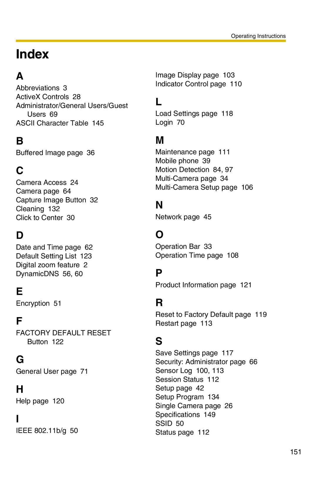 Panasonic BL-C20 operating instructions Index 