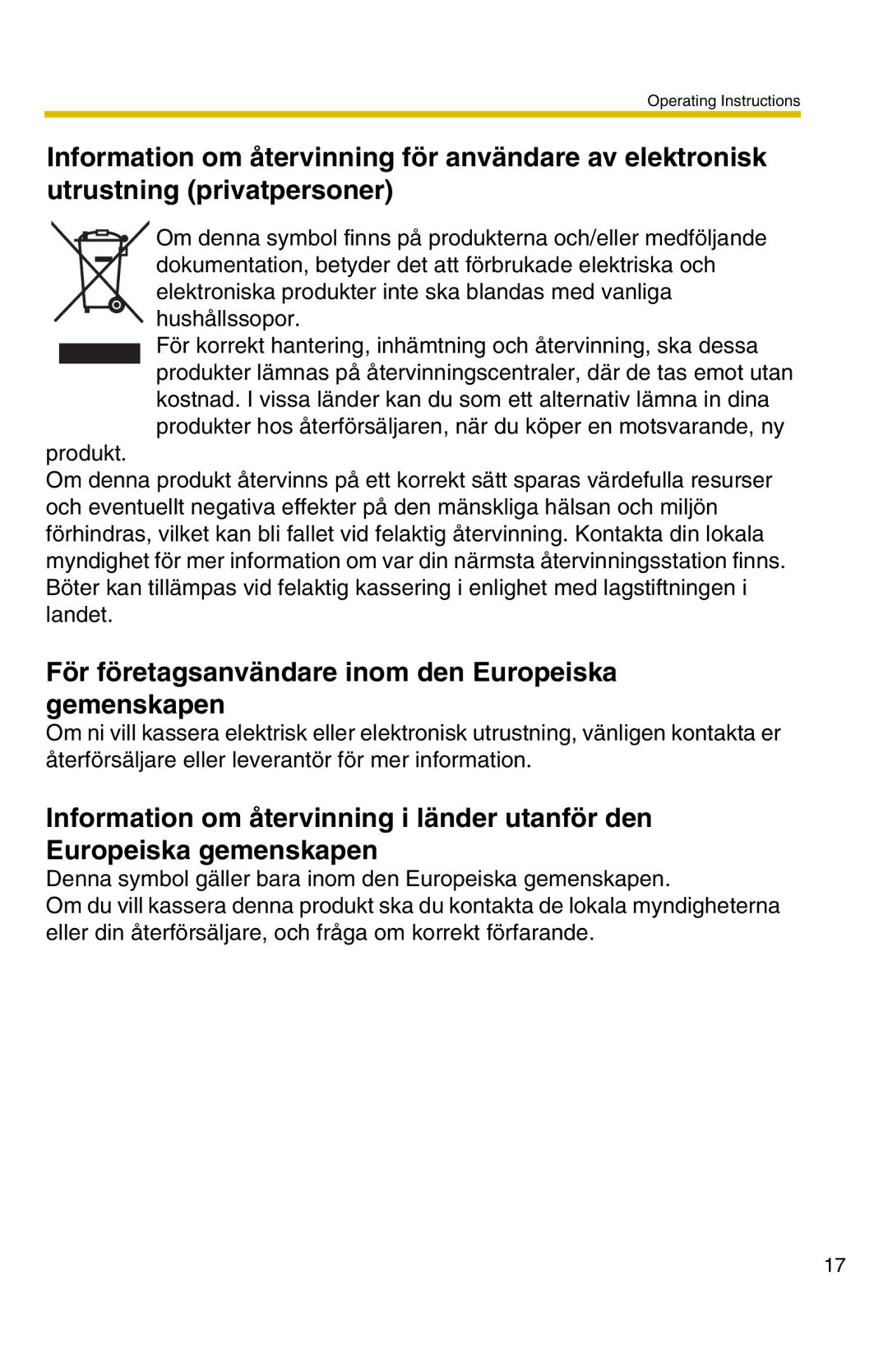 Panasonic BL-C20 operating instructions För företagsanvändare inom den Europeiska gemenskapen 