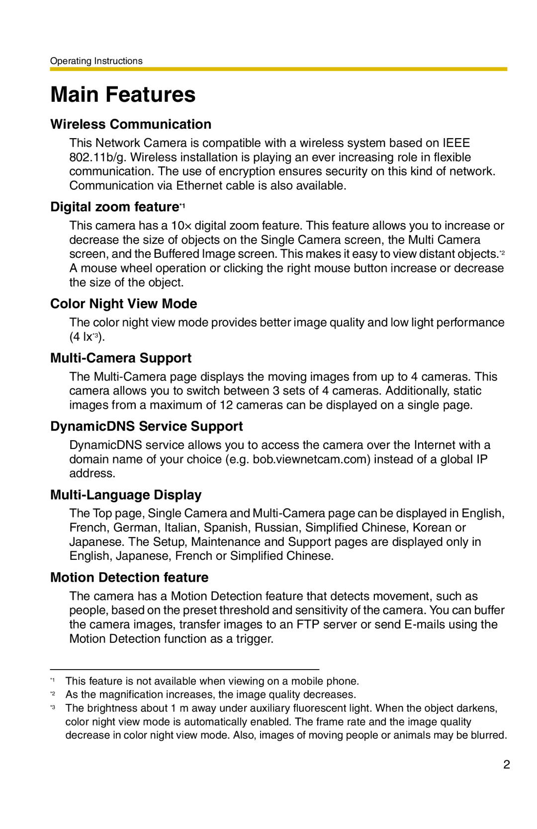 Panasonic BL-C20 operating instructions Main Features, Wireless Communication 