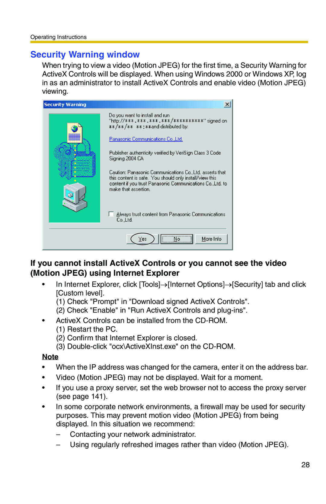 Panasonic BL-C20 operating instructions Security Warning window 