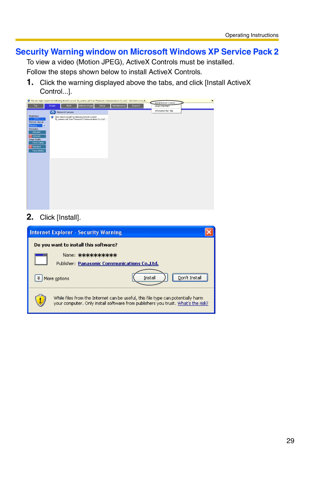 Panasonic BL-C20 operating instructions Security Warning window on Microsoft Windows XP Service Pack 