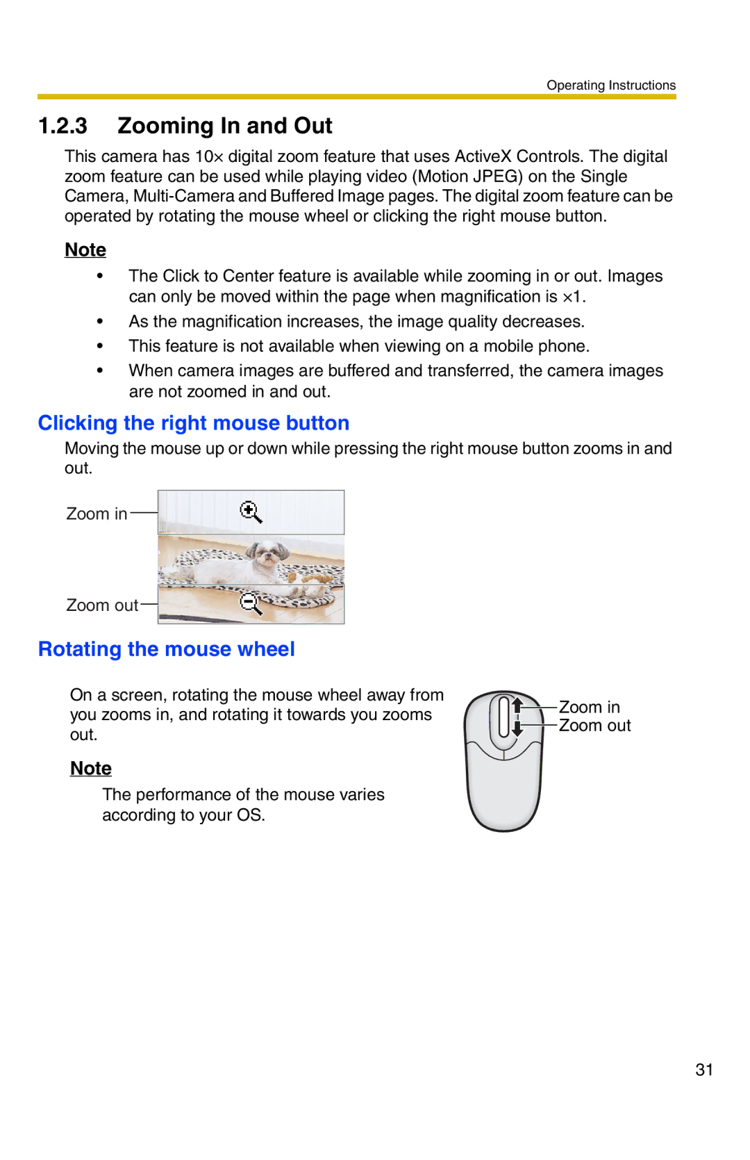 Panasonic BL-C20 operating instructions Zooming In and Out, Clicking the right mouse button, Rotating the mouse wheel 