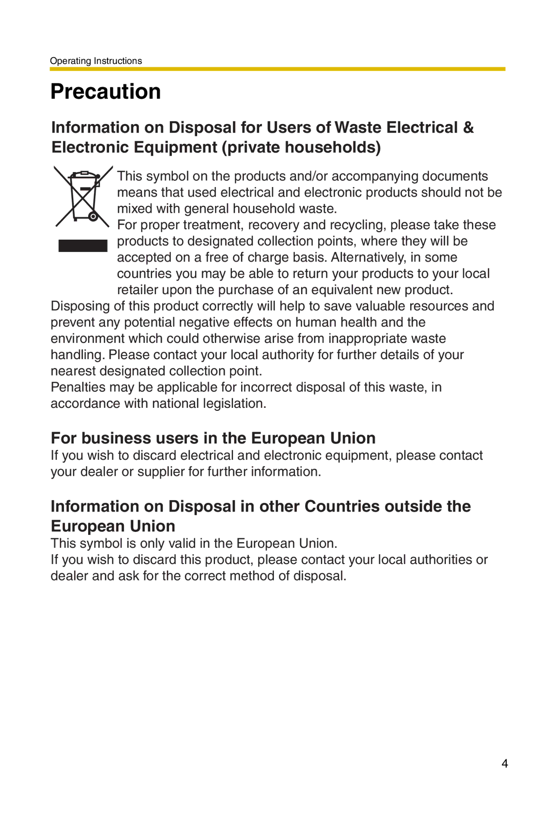 Panasonic BL-C20 operating instructions Precaution, For business users in the European Union 