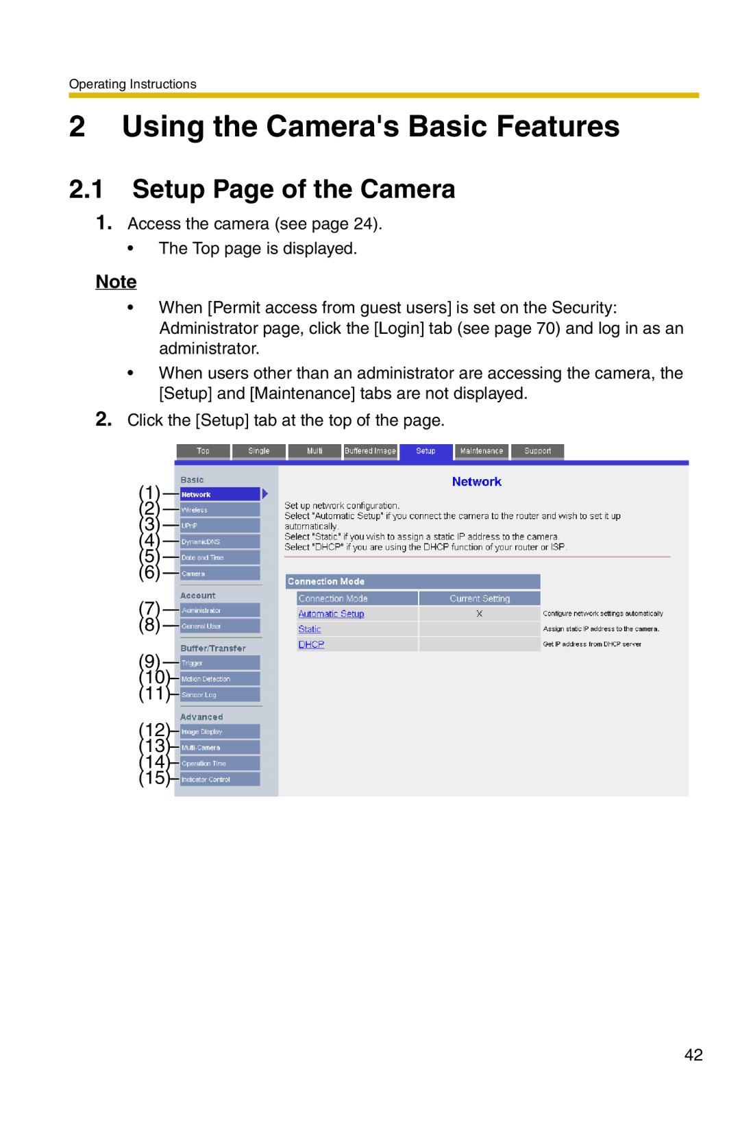 Panasonic BL-C20 operating instructions Using the Cameras Basic Features, Setup Page of the Camera 