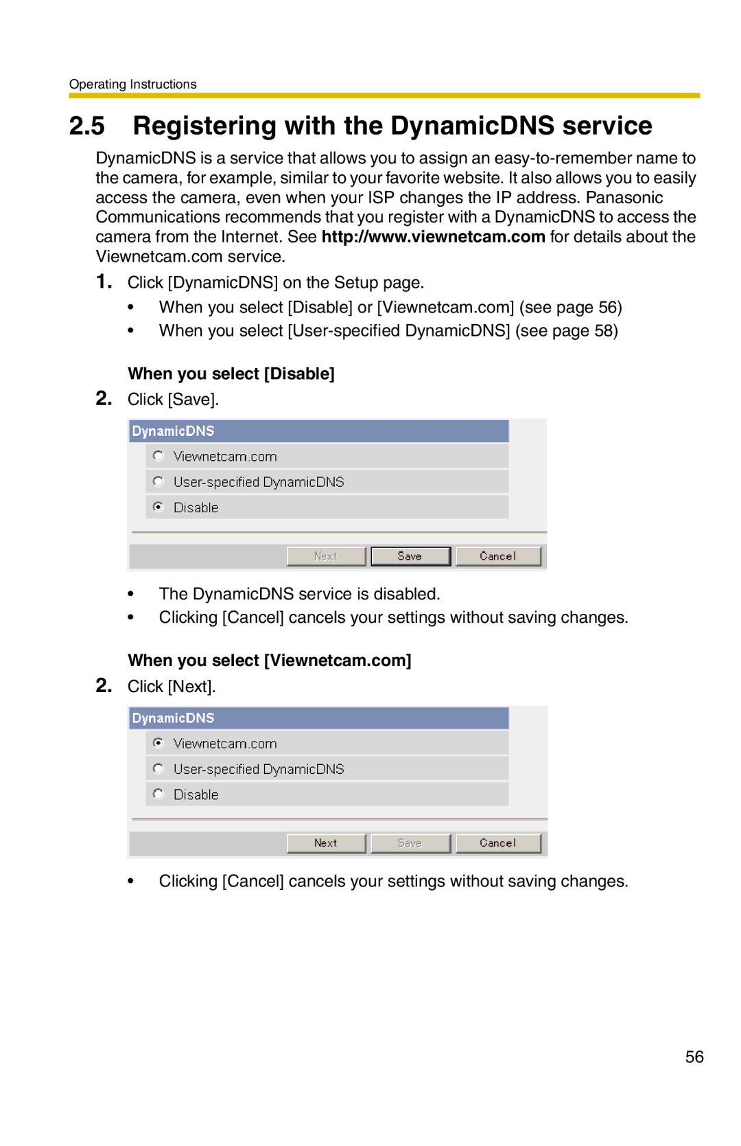 Panasonic BL-C20 Registering with the DynamicDNS service, When you select Disable, When you select Viewnetcam.com 