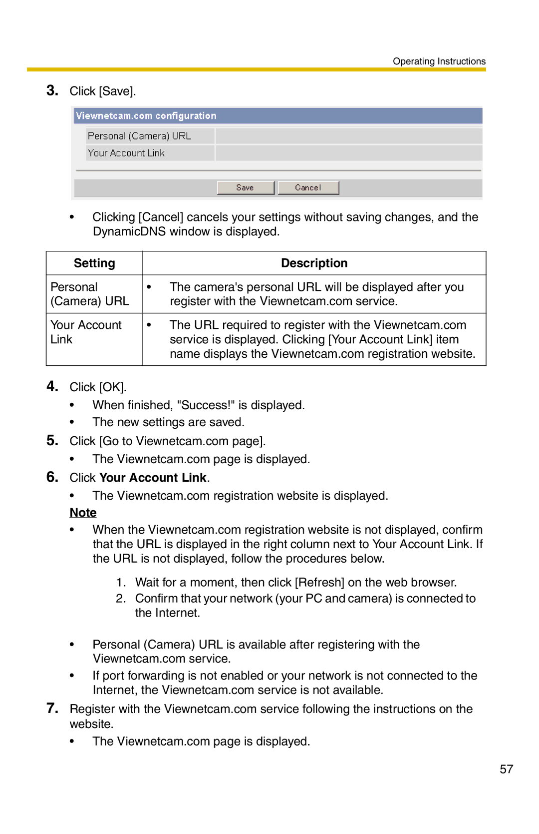 Panasonic BL-C20 operating instructions Setting Description, Click Your Account Link 