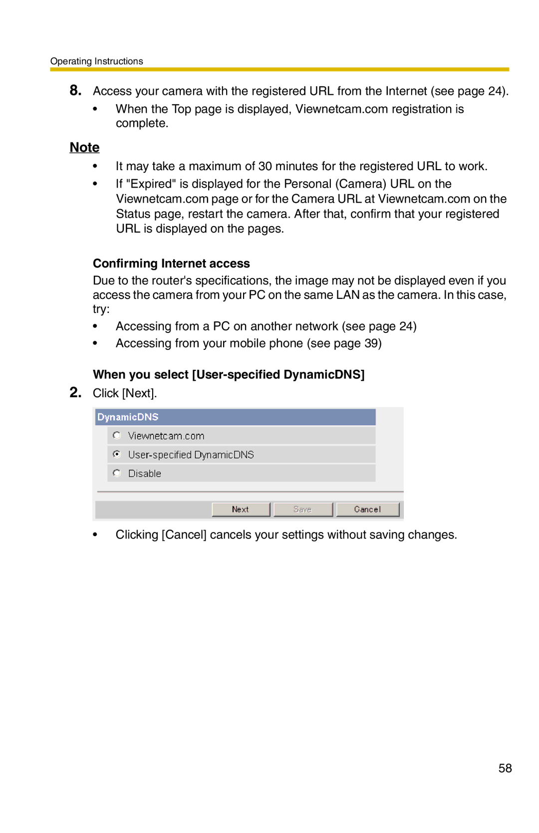 Panasonic BL-C20 operating instructions Confirming Internet access, When you select User-specified DynamicDNS 