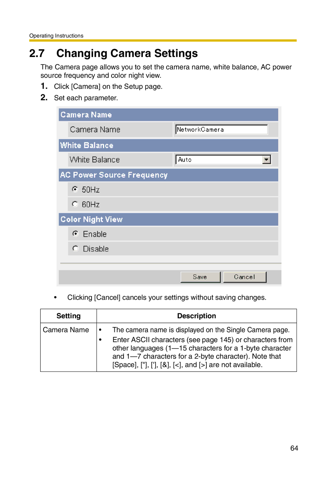 Panasonic BL-C20 operating instructions Changing Camera Settings 