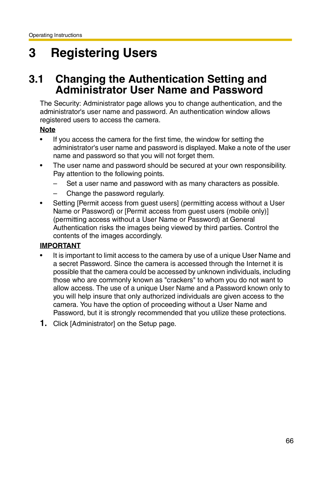 Panasonic BL-C20 operating instructions Registering Users 